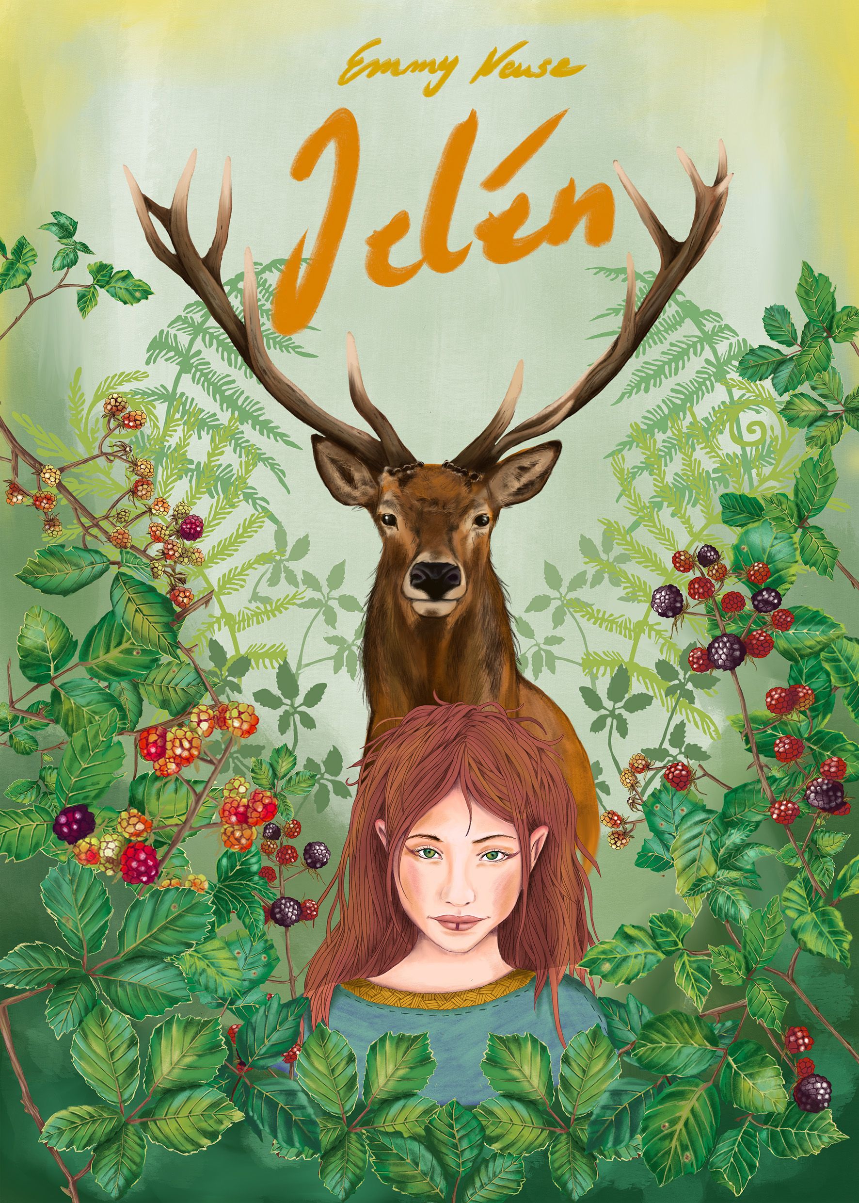 buchcover: ein mädchen mit roten haaren und ein Hirsch zwischen Brombeerranken