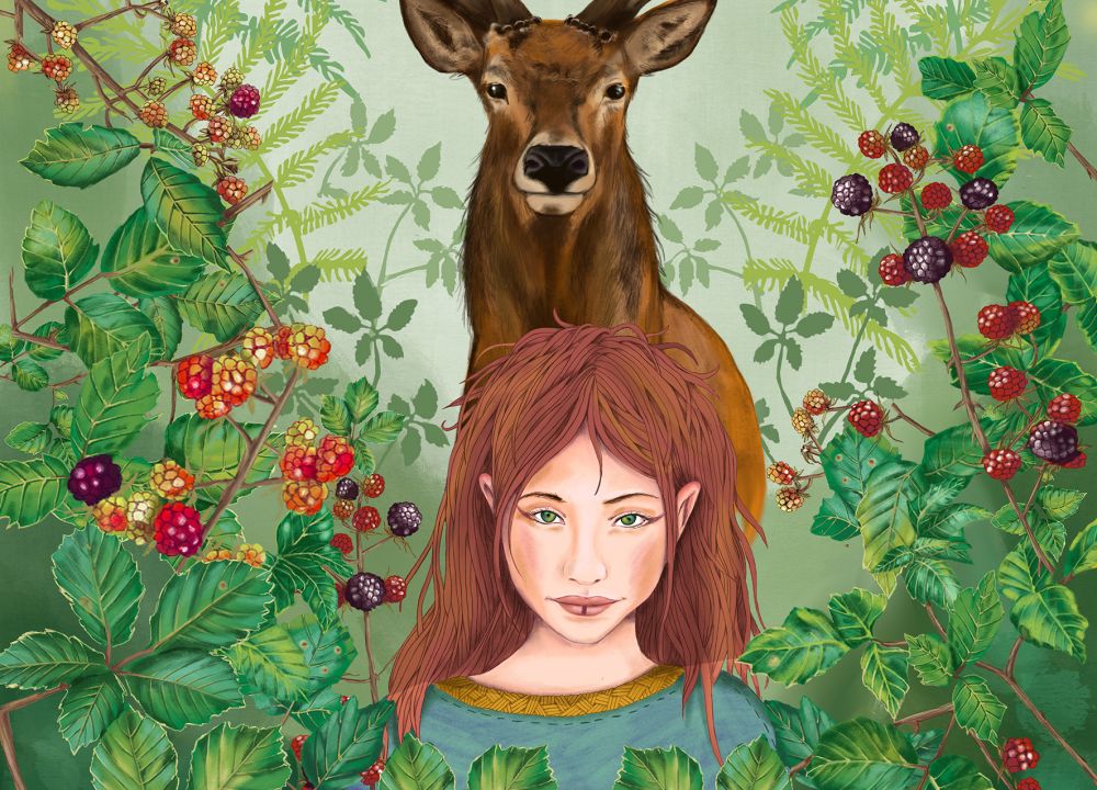 buchcover: ein mädchen mit roten haaren und ein Hirsch zwischen Brombeerranken