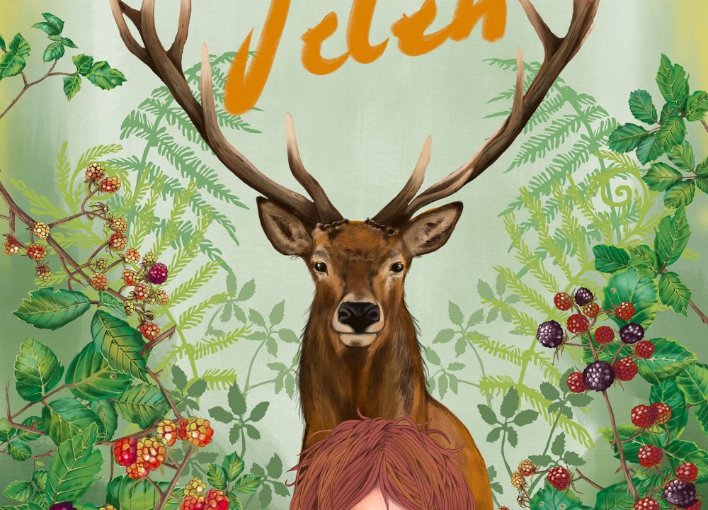 buchcover: ein mädchen mit roten haaren und ein Hirsch zwischen Brombeerranken