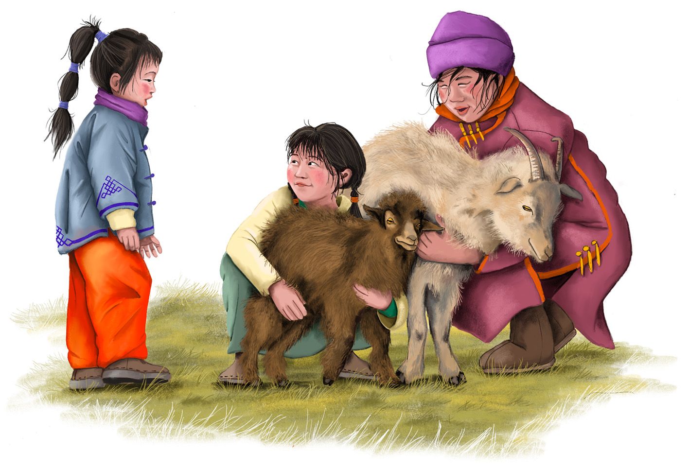 Zwei Kaschmirziegen werden von einer Mongolin und zwei Mädchen gehalten