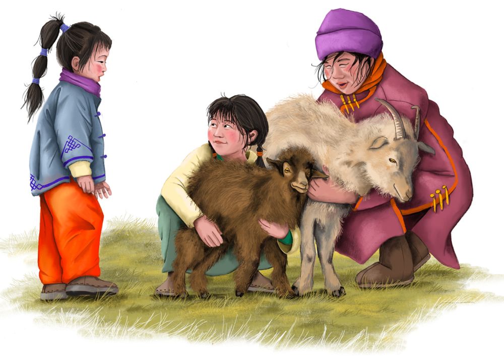 Zwei Kaschmirziegen werden von einer Mongolin und zwei Mädchen gehalten