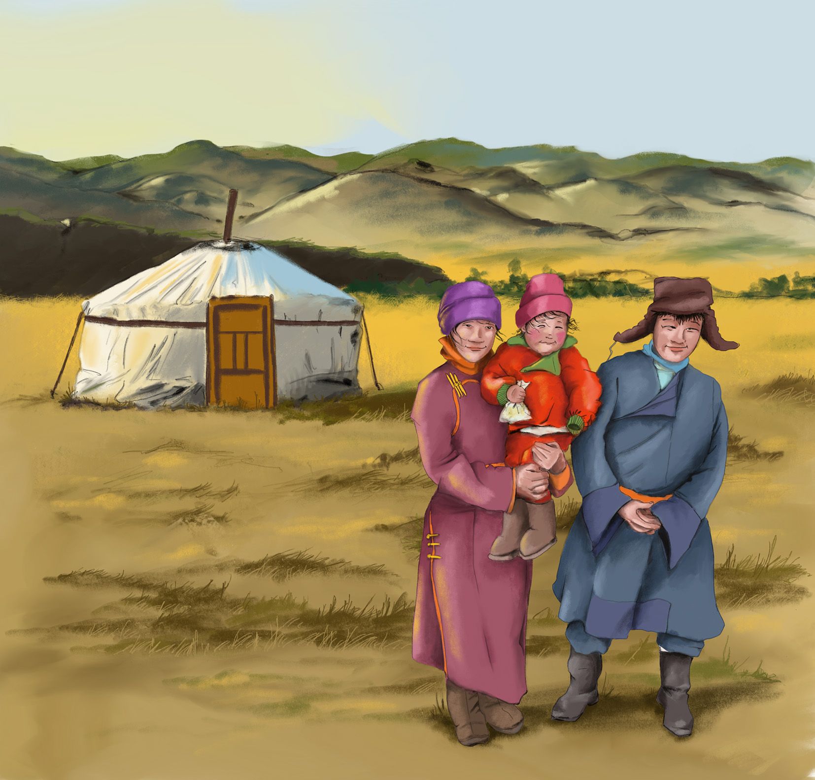 eine mongolische Familie vor ihrer Jurte