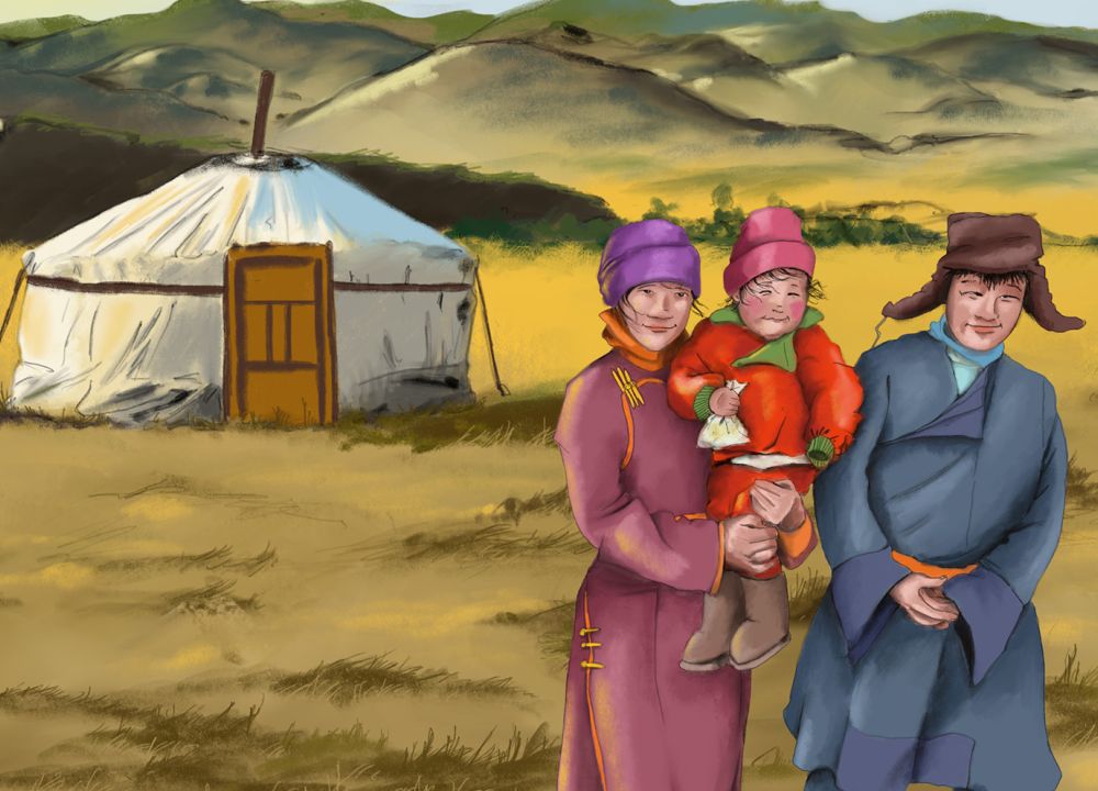 eine mongolische Familie vor ihrer Jurte