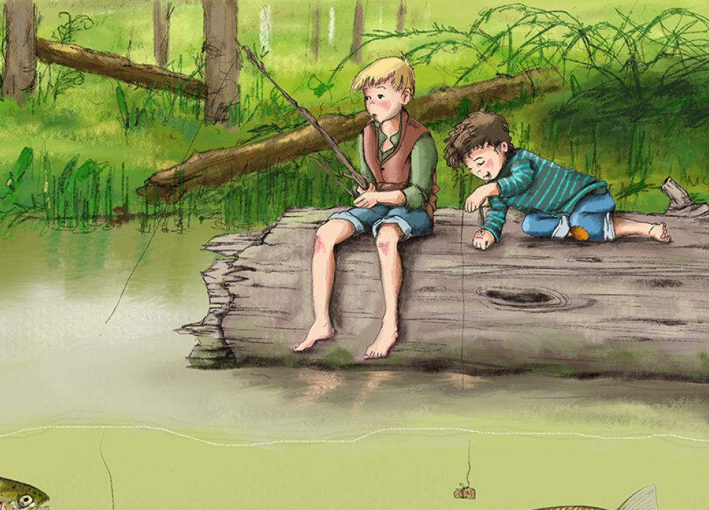 Zwei Jungs angeln im Wald. Im Wasser tummeln sich Fische