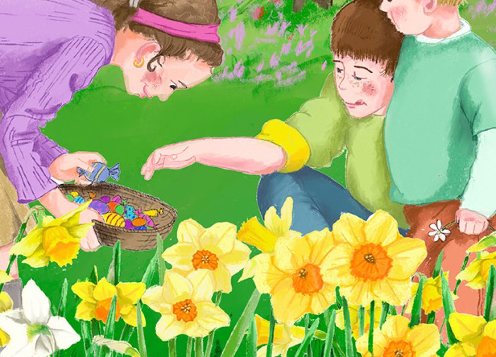 Eine blühende Wiese im Frühling mit drei Kindern die Ostereier suchen. Mit einem blühenden Baum und einem Schmetterling