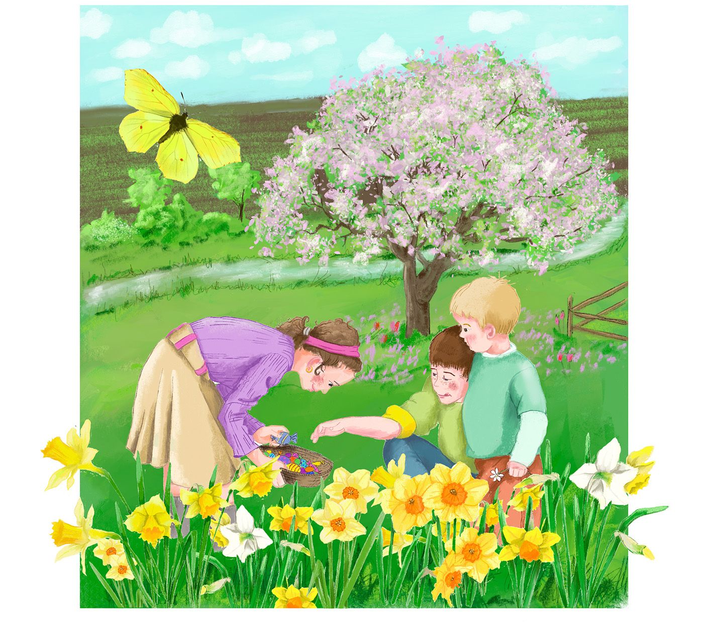 Eine blühende Wiese im Frühling mit drei Kindern die Ostereier suchen. Mit einem blühenden Baum und einem Schmetterling