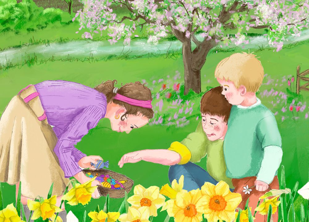 Eine blühende Wiese im Frühling mit drei Kindern die Ostereier suchen. Mit einem blühenden Baum und einem Schmetterling