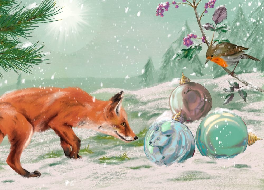 Winterlandschaft, ein Fuchs und ein Rotkehlchen spiegeln sich in Weihnachtskugeln