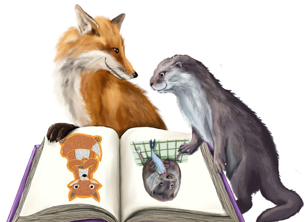 Ein Fuchs und ein Otter lesen in einem Buch und betrachten sich selbst