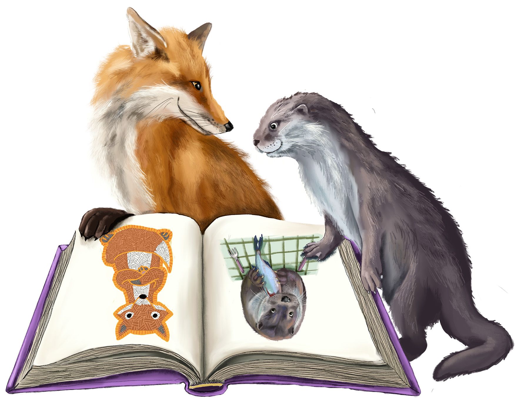 Ein Fuchs und ein Otter lesen in einem Buch und betrachten sich selbst