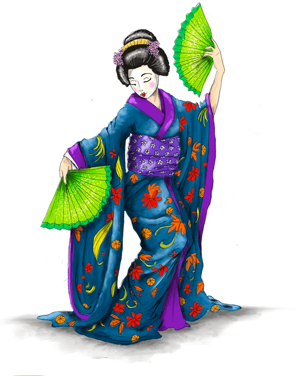 Tanzende japanische Geisha im Kimono mit Fächern