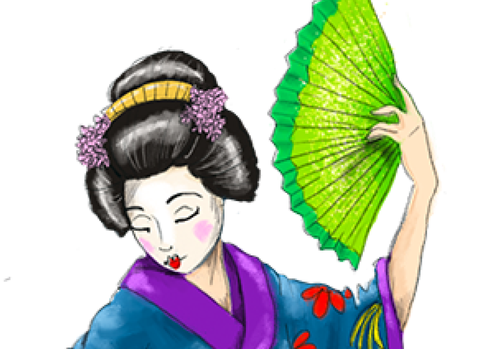 Tanzende japanische Geisha im Kimono mit Fächern