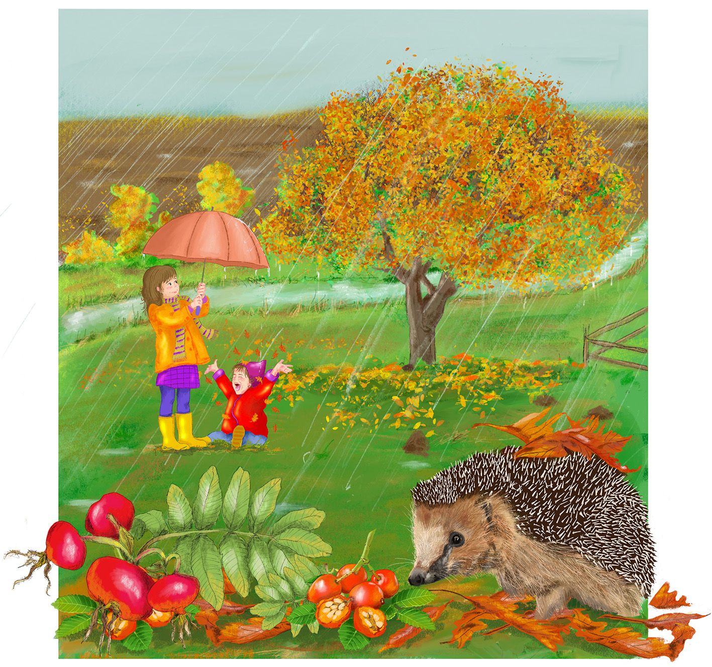 Eine verregnete Wiese im Herbst. Ein Mädchen hält einen REgenschirm, ein Kleinkind sitzt auf der Wiese und jauchzt. Ein Baum verliert seine bunten Blätter. Im Vordergrund ist ein Igel und frisst Hagebutten