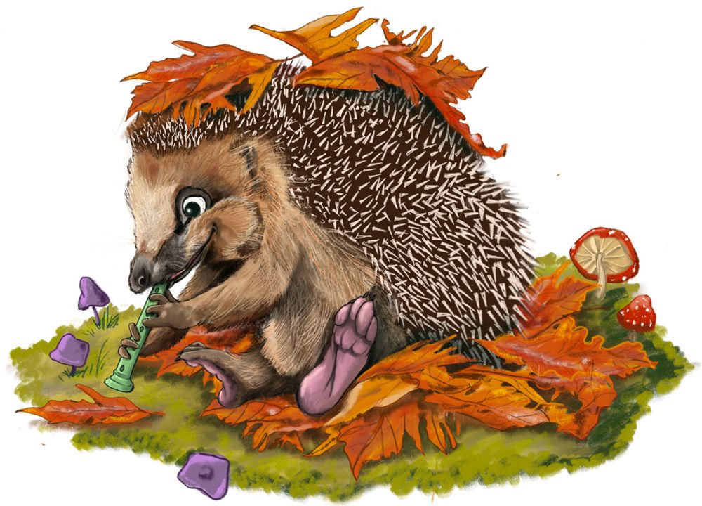 Ein Igel spielt auf einer Flöte