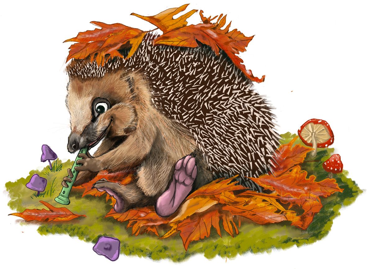 Ein Igel spielt auf einer Flöte