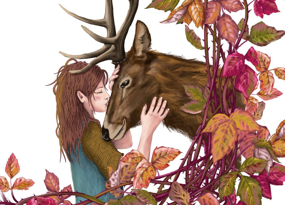 Eine Frau küsst einen Hirsch auf die Stirn, im Vordergrund bunt gefärbte Brombeerranken