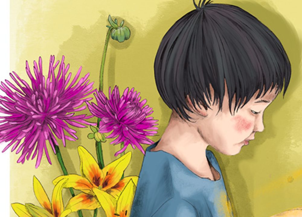 Ein Junge sitzt auf einem Bücherstapel und presst Blumen. An der Wand ist eine Vase mit Blumen