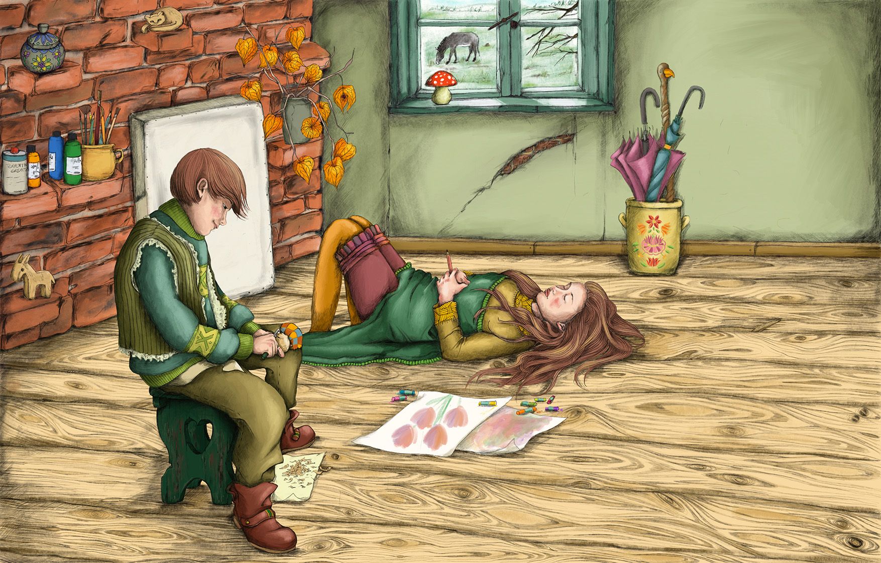 Atelier im altem Haus mit einem schnitzenden Jungen und einem schlafenden Mädchen. Auf dem Boden liegen Bilder, aus dem Fenster sieht man einen Esel