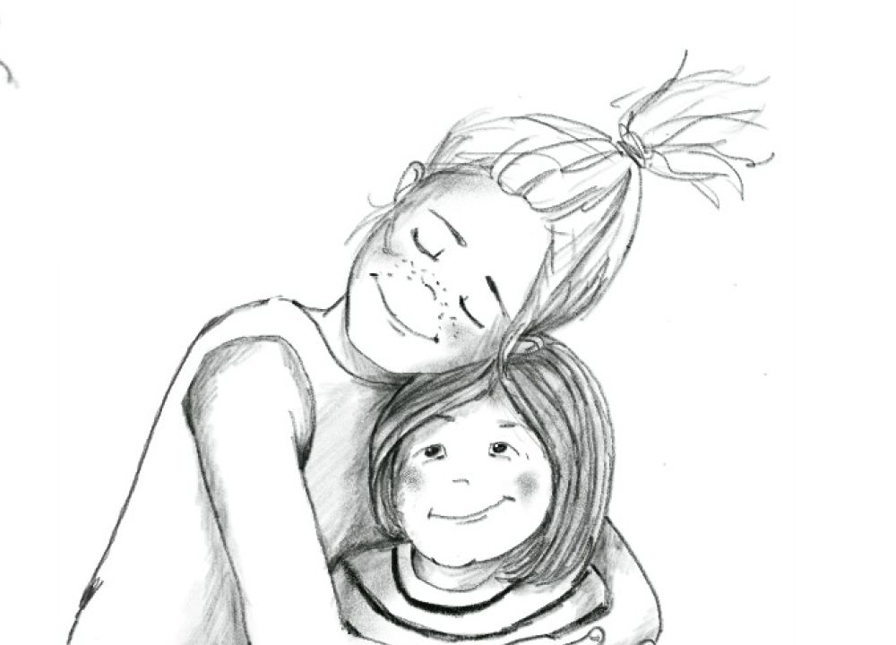 Skizzen von 2Kindern, ein Mädchen und ihre jüngere Schwester