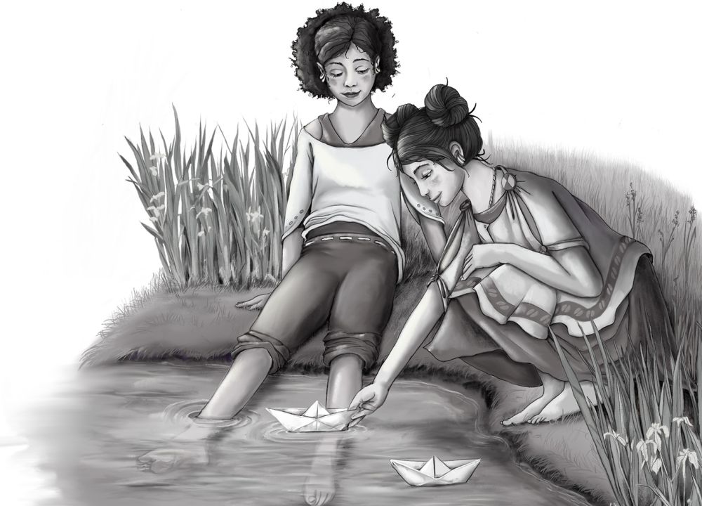2 mädchen sitzen an einem Teich und lassen Papierschiffchen schwimmen