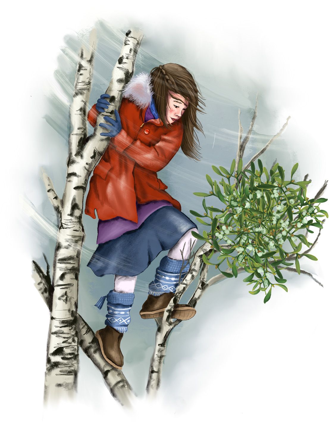Ein Mädchen in Winterkleidung klettert auf eine Birke an deren Ästen lebt eine Mistel