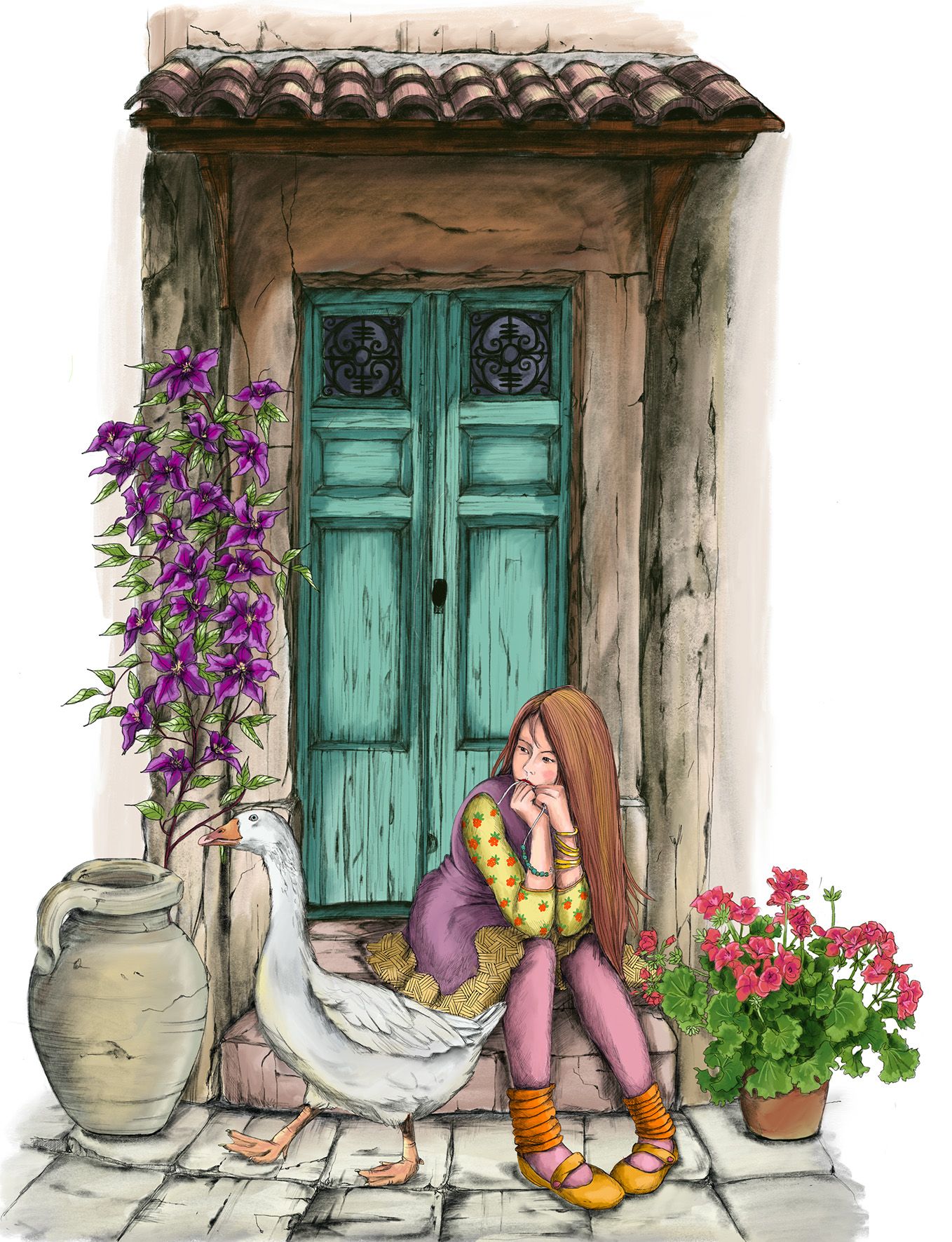 eine Frau sitzt vor einem Hauseingang mit alter mit Pflanzen berankter Tür. Im Vordergrund läuft eine Gans