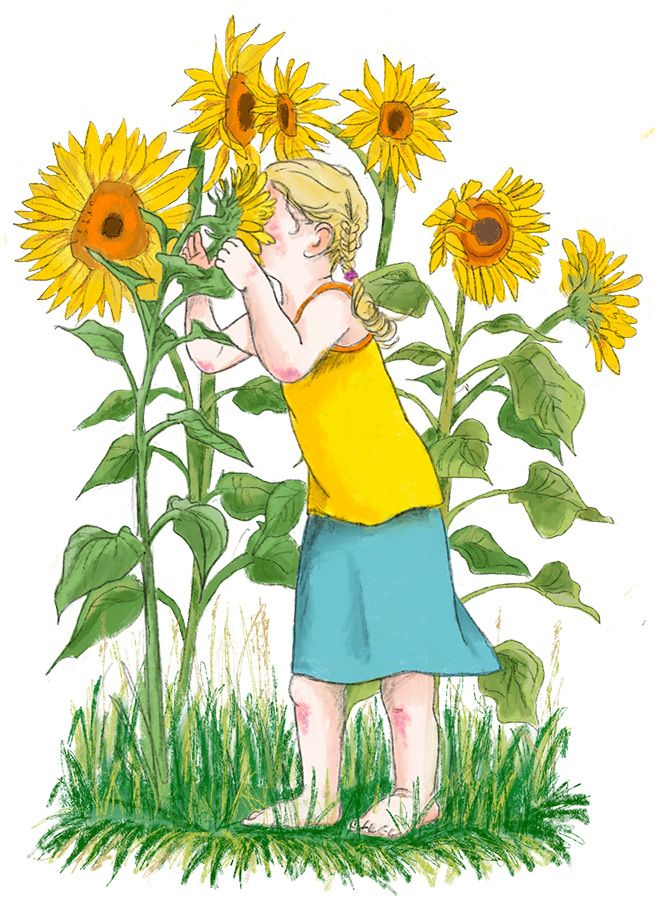 Mädchen im gelben Kleid riecht an Sonnenblumen