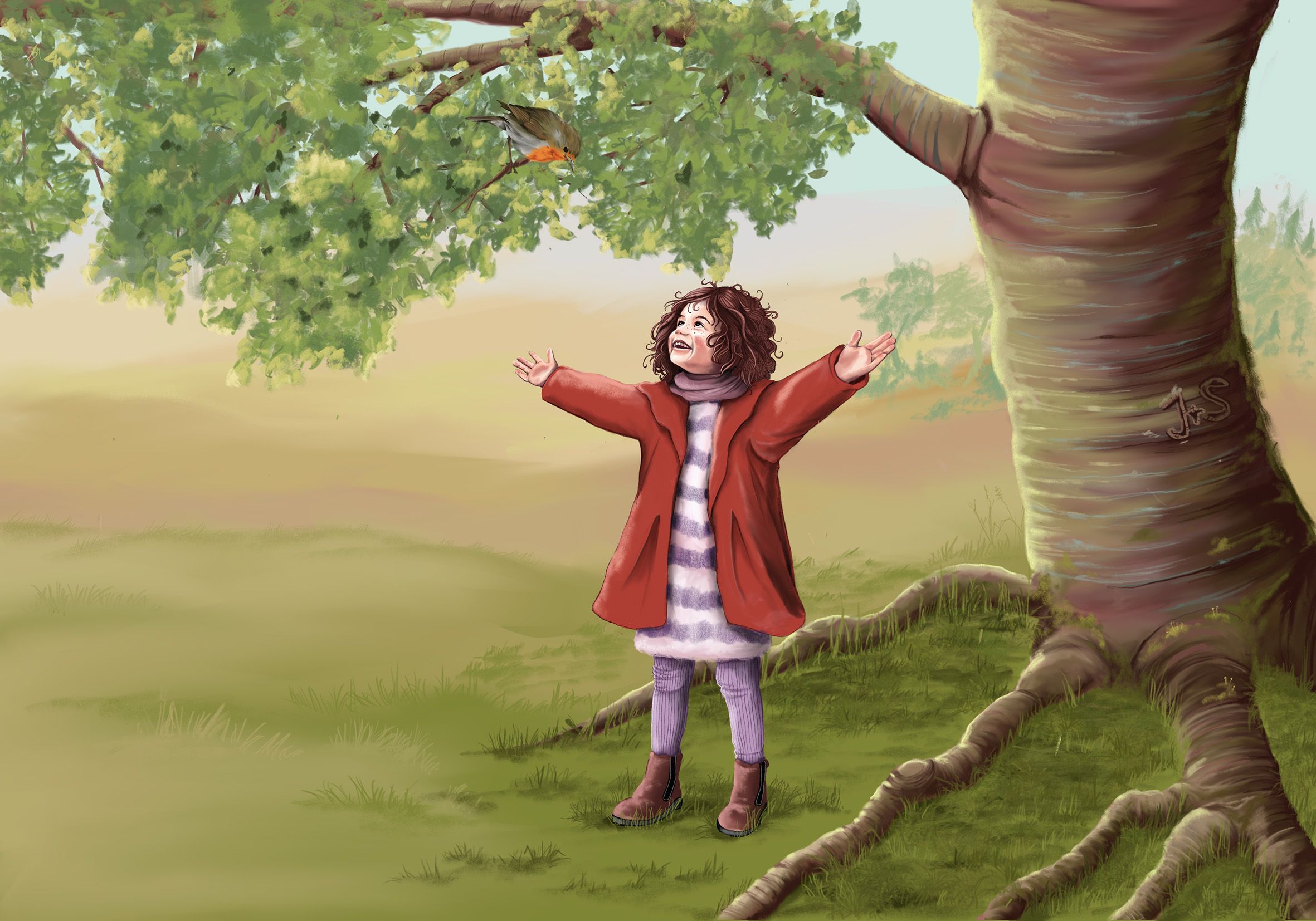 Ein Mädchen steht mit geöffneten Armen unter einem Baum und schaut nach oben zu einem Rotkehlchen