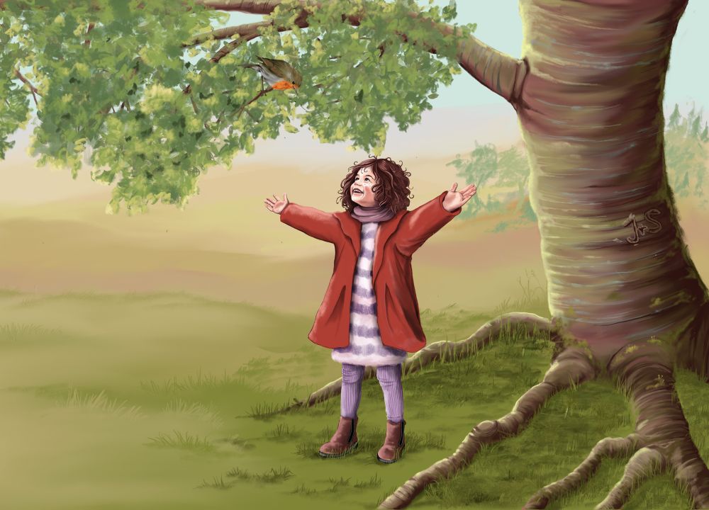 Ein Mädchen steht mit geöffneten Armen unter einem Baum und schaut nach oben zu einem Rotkehlchen