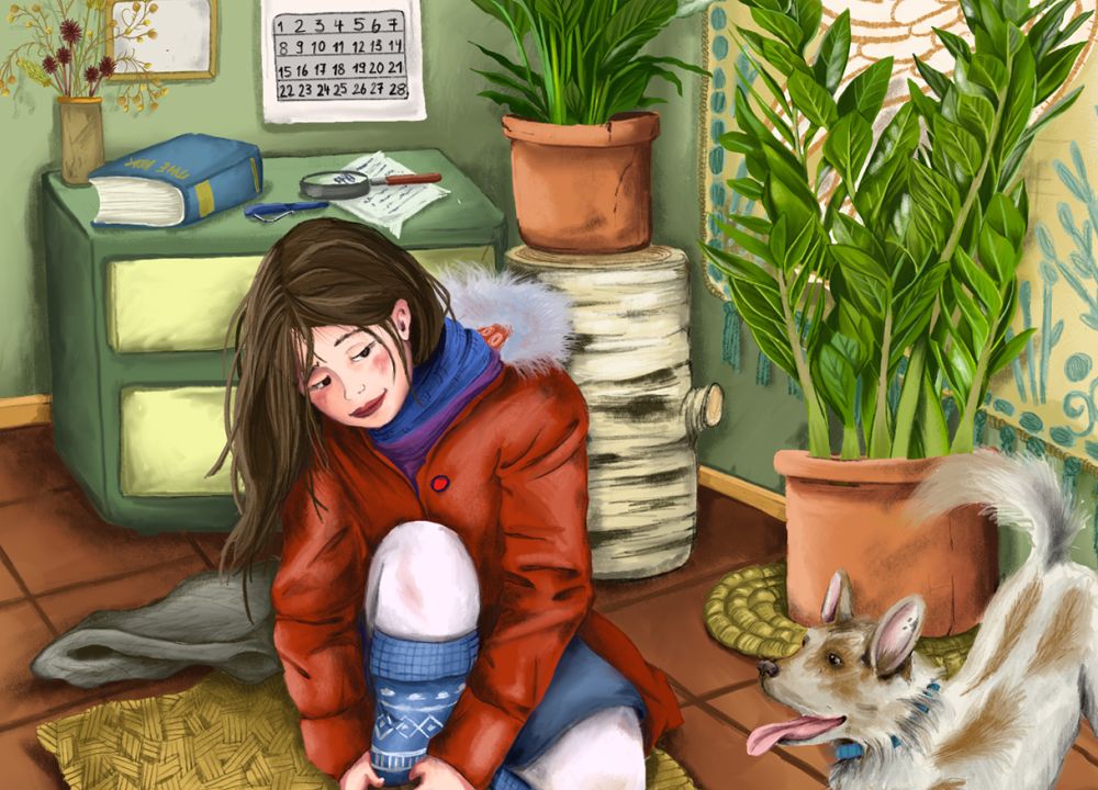 Ein Mädchen zieht sich im Flur Winterschuhe an, ein Hund bellt freudig. Im HIntergrund Zimmerpflanzen, ein Wandteppich und Käferkalender