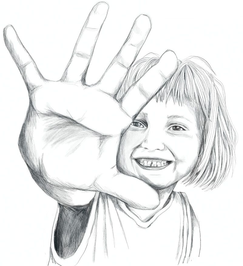 sw Zeichnung grinsendes Mädchen mit  großer Hand