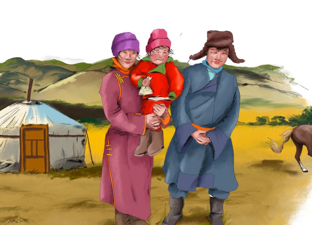 Mongolische Familie in der Steppe vor ihrer Jurte mit reitendem KInd