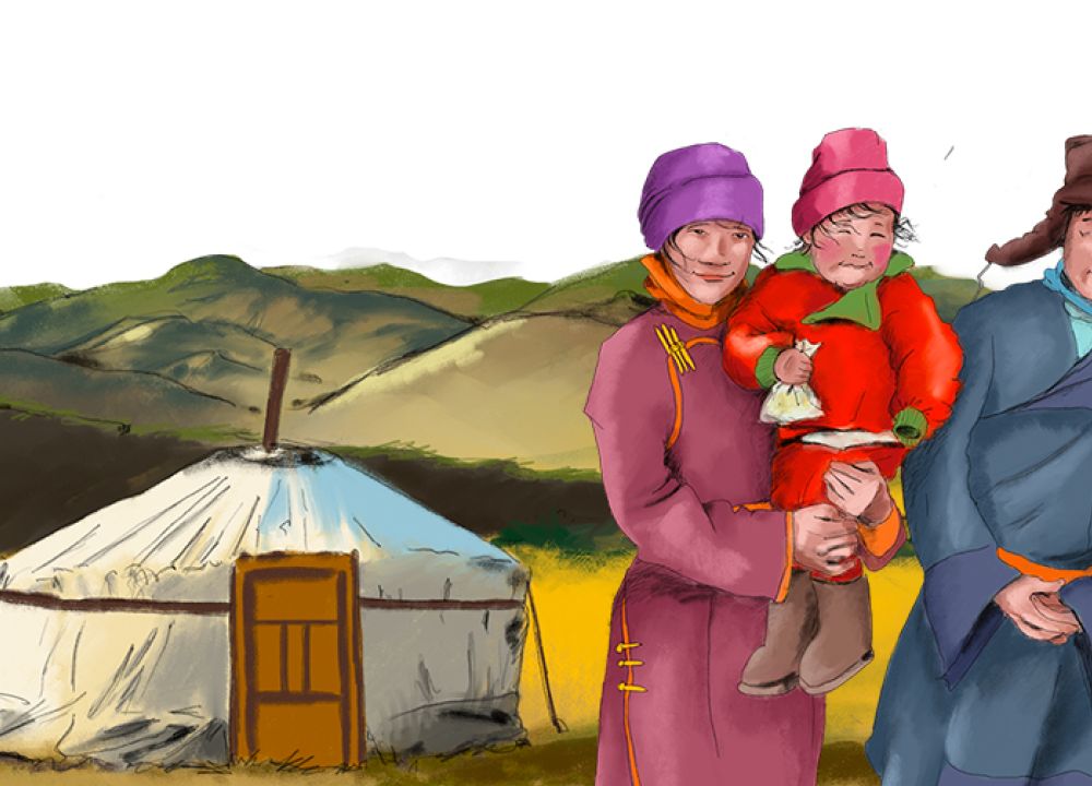 Mongolische Familie in der Steppe vor ihrer Jurte mit reitendem KInd