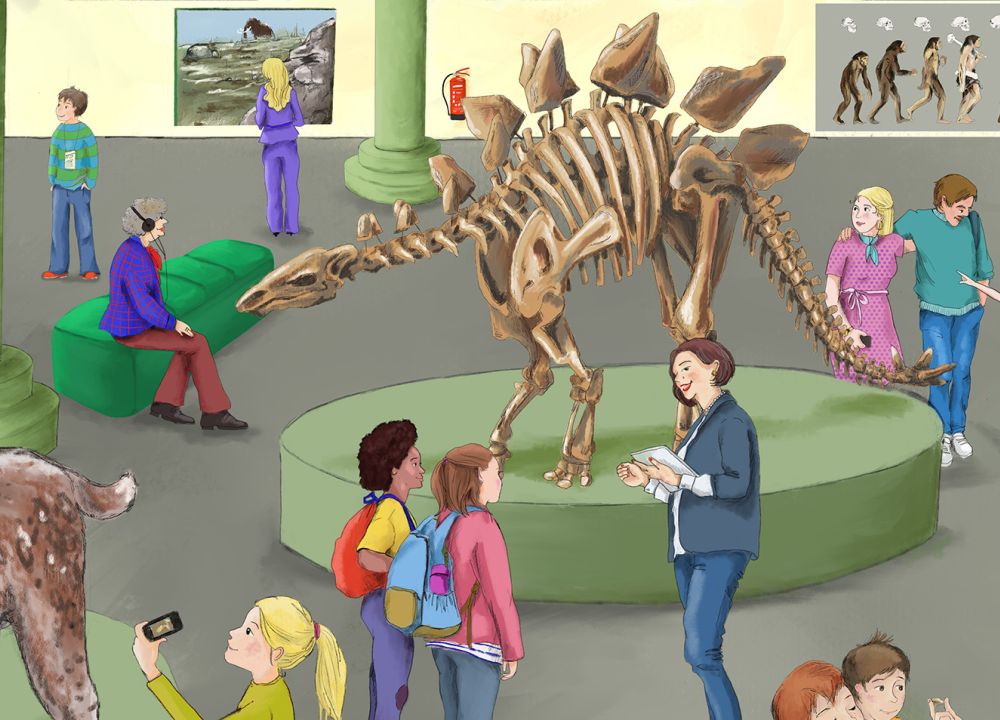 Viele Menschen sind im Naturkundemuseum mit Säbelzahntiger und Dinosaurier