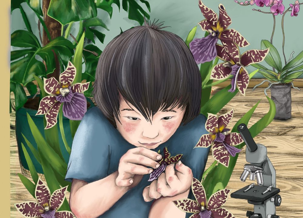Ein Junge inmitten von Zimmerpflanzen untersucht eine Orchidee mit dem Mikroskop. Im Hintergrund Pflanzen die in Seeigeln wachsen
