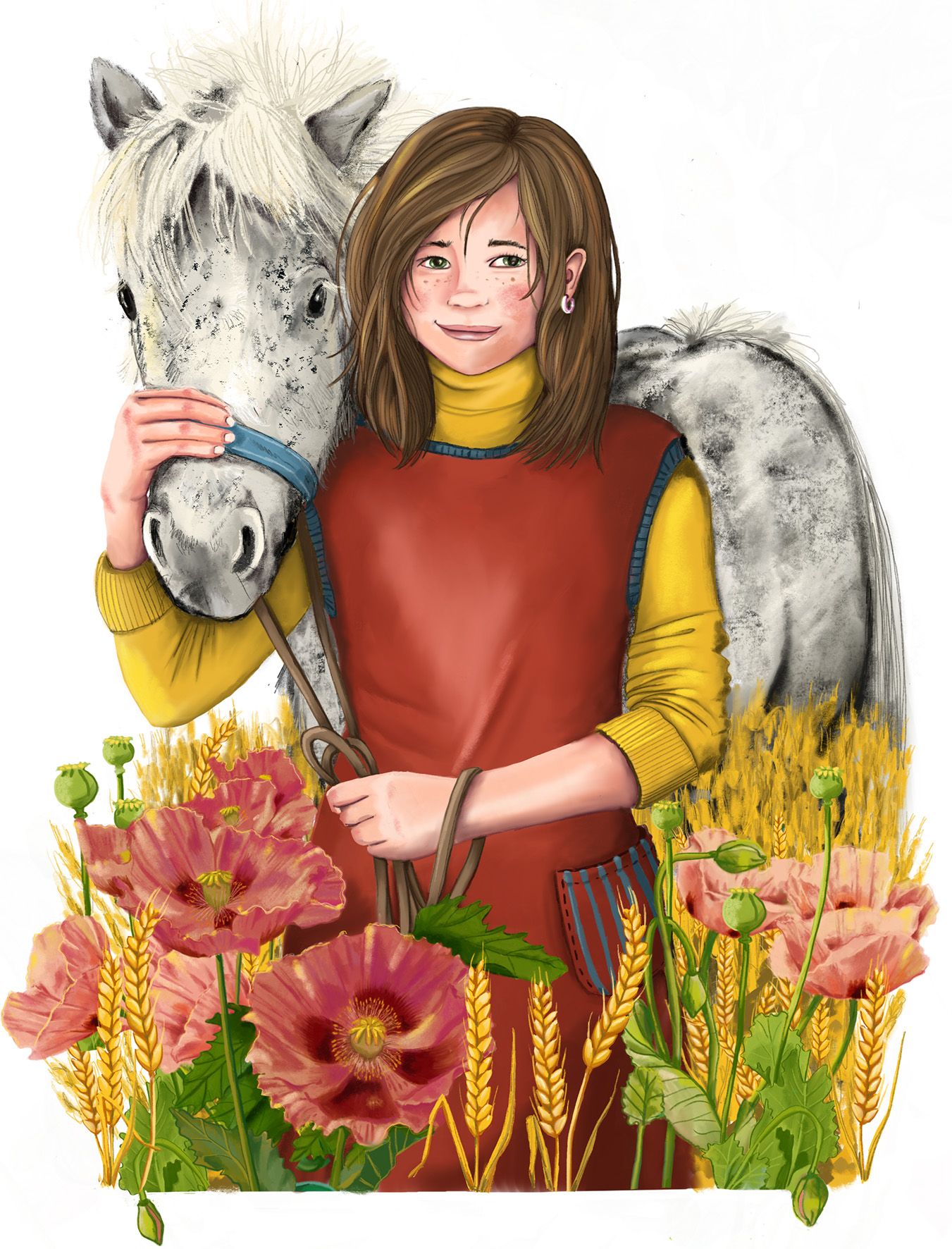 Ein Mädchen steht mit einem weißen Pony in einem Weizenfeld umgeben von Mohnblüten