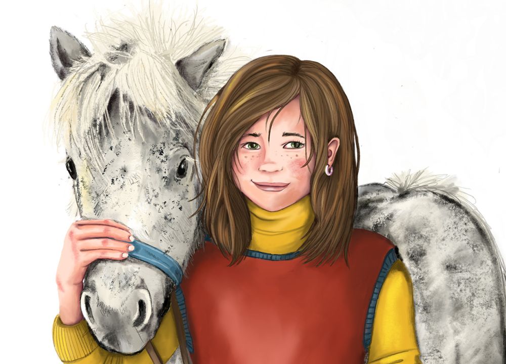 Ein Mädchen steht mit einem weißen Pony in einem Weizenfeld umgeben von Mohnblüten