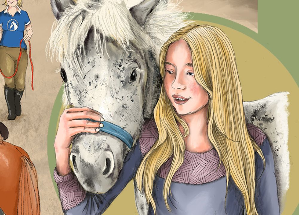 Auf einem Reiterhof, Kinder mit Ponys, im Vordergrund ein Mädchen mit Pony