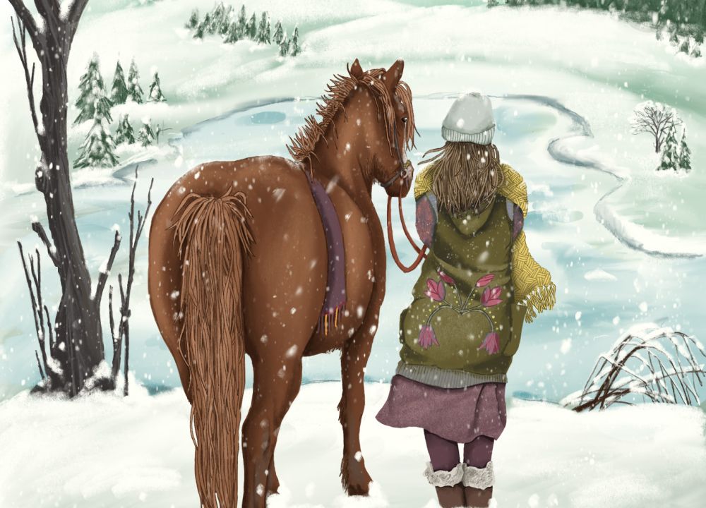 Eine Frau steht mit einem Pony an einem verschneiten Abhang und schaut auf einen vereisten See