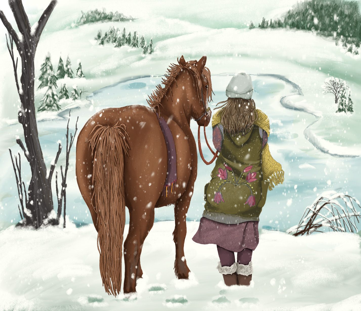 Eine Frau steht mit einem Pony an einem verschneiten Abhang und schaut auf einen vereisten See