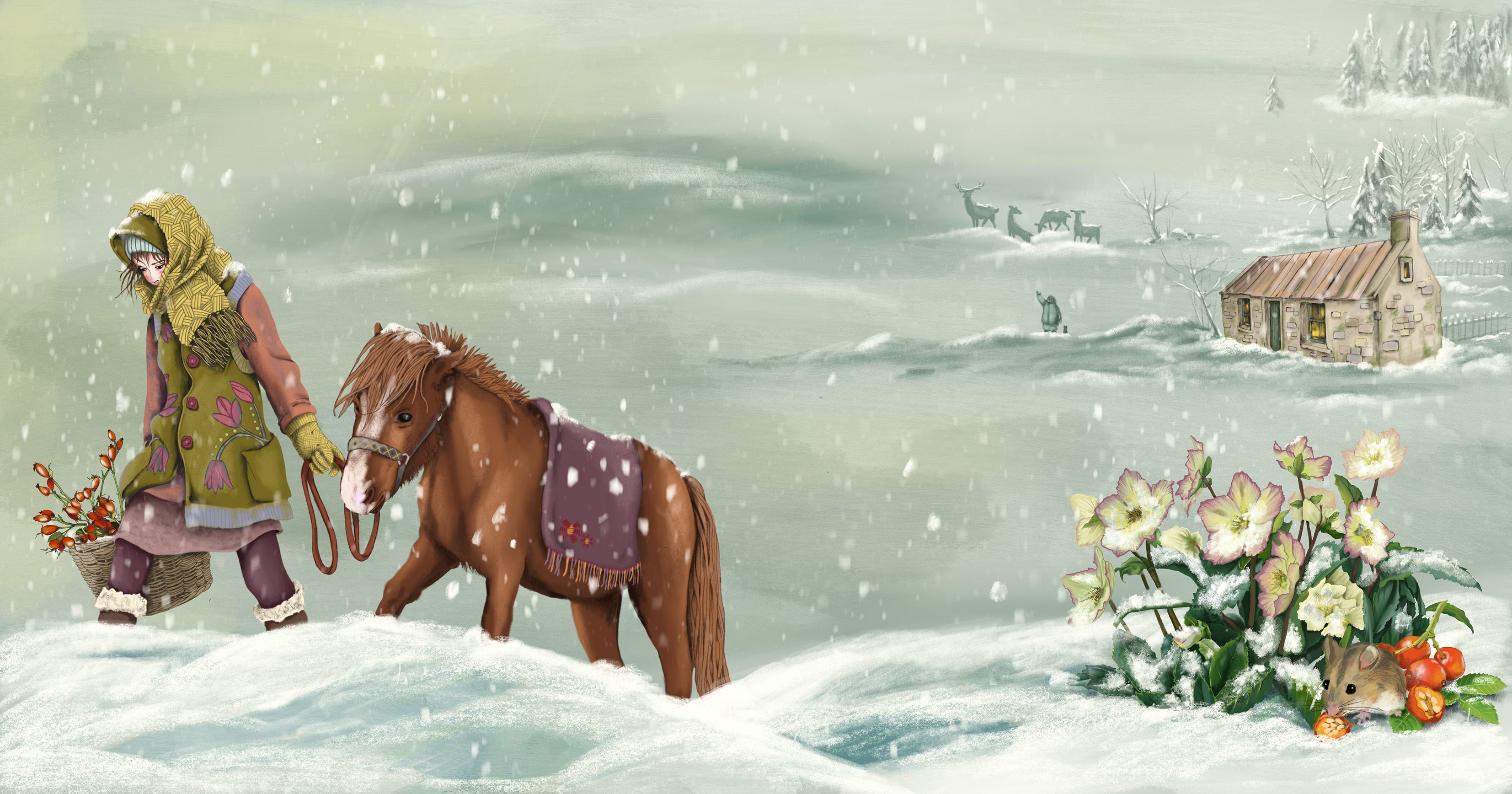 Eine Frau geht mit einem Pony und mit einem Korb voller Hagebutten durch den Schnee. Es schneit . Im Hintergrund steht ein beleuchtetes Cottage. Im Vordergrund sitzt eine Maus unter Christrosen