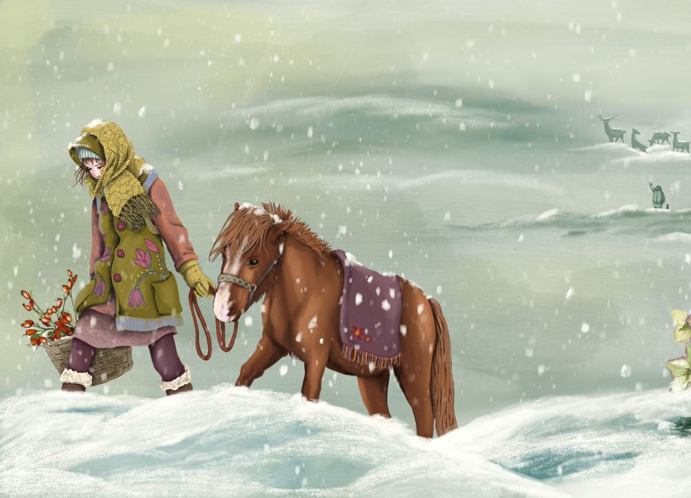 Eine Frau geht mit einem Pony und mit einem Korb voller Hagebutten durch den Schnee. Es schneit . Im Hintergrund steht ein beleuchtetes Cottage. Im Vordergrund sitzt eine Maus unter Christrosen