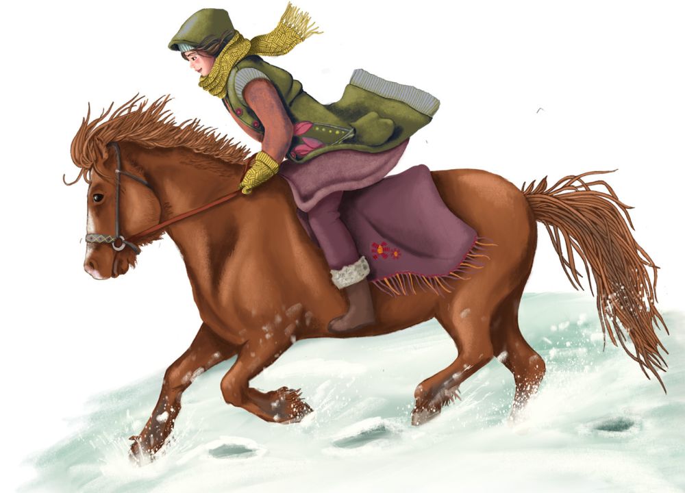Eine Frau reitet auf einem braunen Pony durch den Schnee