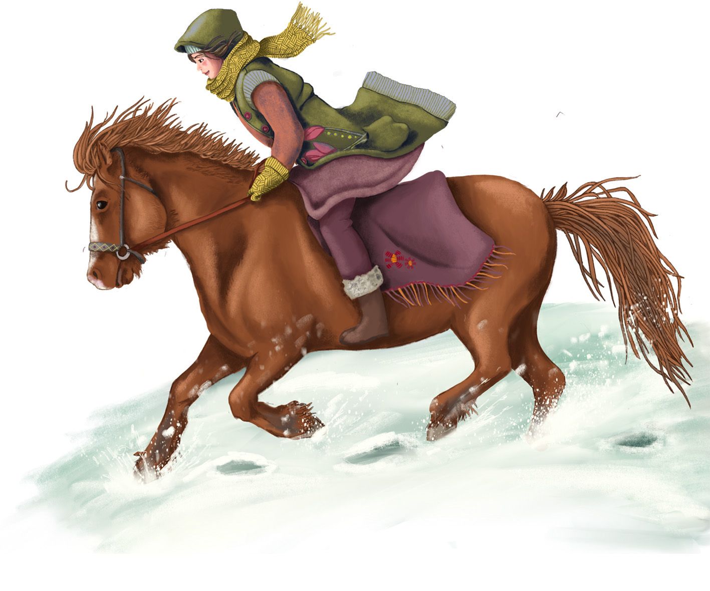 Eine Frau reitet auf einem braunen Pony durch den Schnee