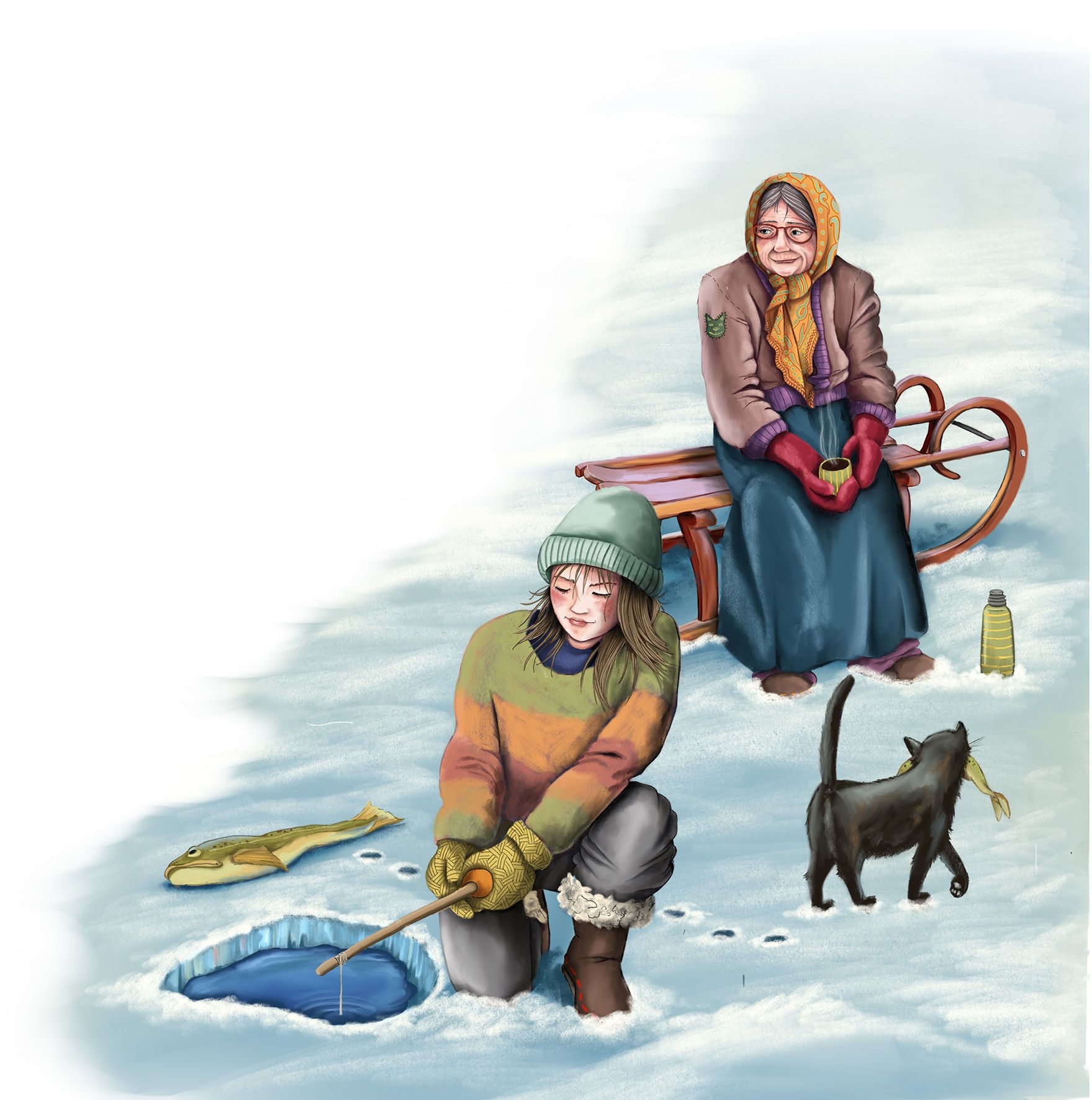 Ein Mädchen sitzt an einem Eisloch und angelt auf einem zugefrorenen See. Neben ihr liegt ein Fisch. Eine Katze stapft mit Fisch im Maul durch den Schnee. Im Hintergrund sitzt eine alte Frau mit Kaffee auf einem Schlitten