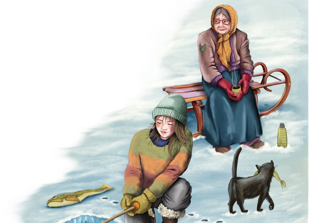 Ein Mädchen sitzt an einem Eisloch und angelt auf einem zugefrorenen See. Neben ihr liegt ein Fisch. Eine Katze stapft mit Fisch im Maul durch den Schnee. Im Hintergrund sitzt eine alte Frau mit Kaffee auf einem Schlitten