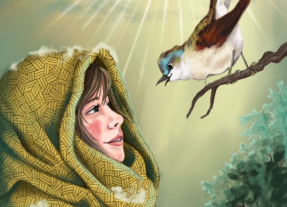 Eine Frau mit einem Schal um den Kopf spricht mit einem Vogel. ES st Winter und die Sonne bricht durch die Wolken