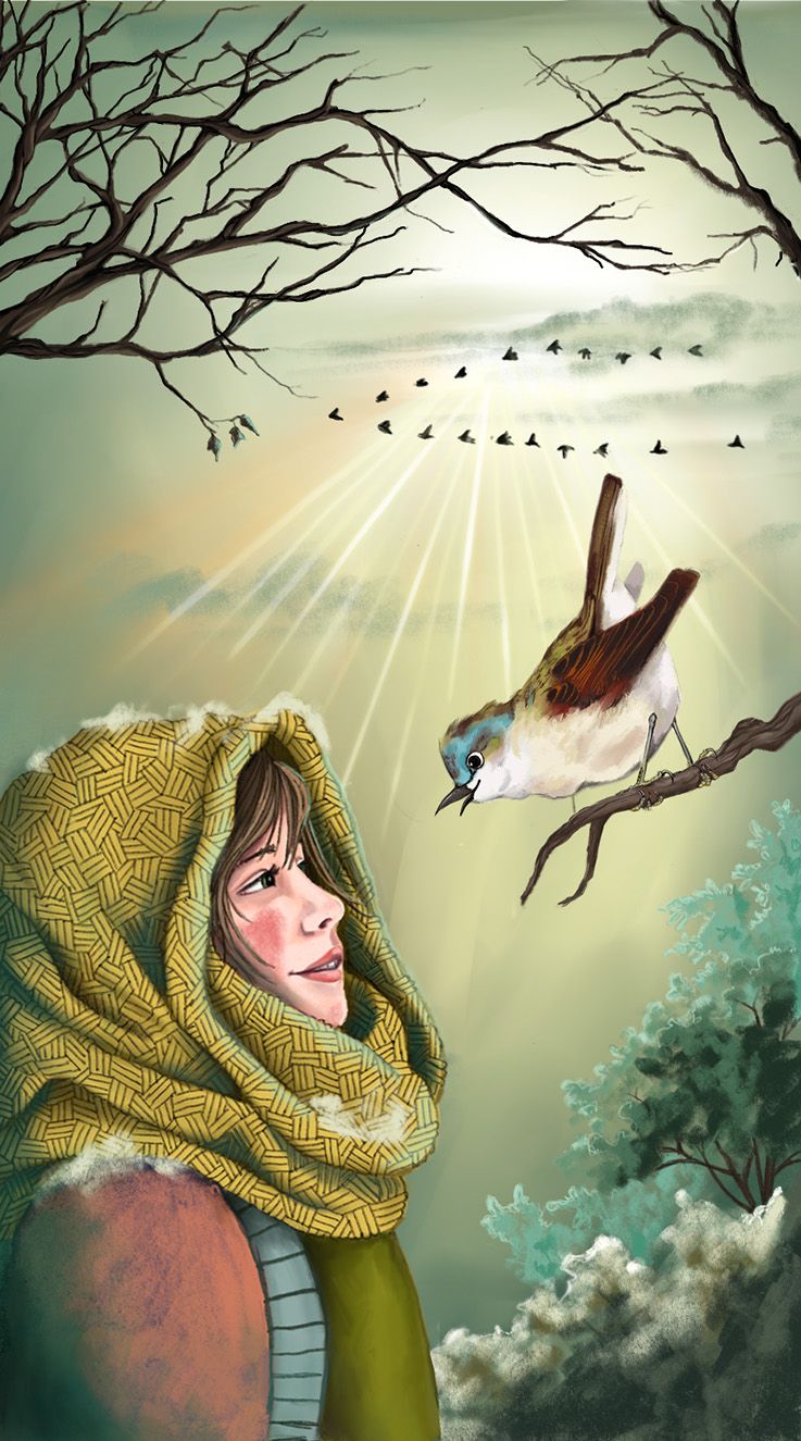 Eine Frau mit einem Schal um den Kopf spricht mit einem Vogel. ES st Winter und die Sonne bricht durch die Wolken