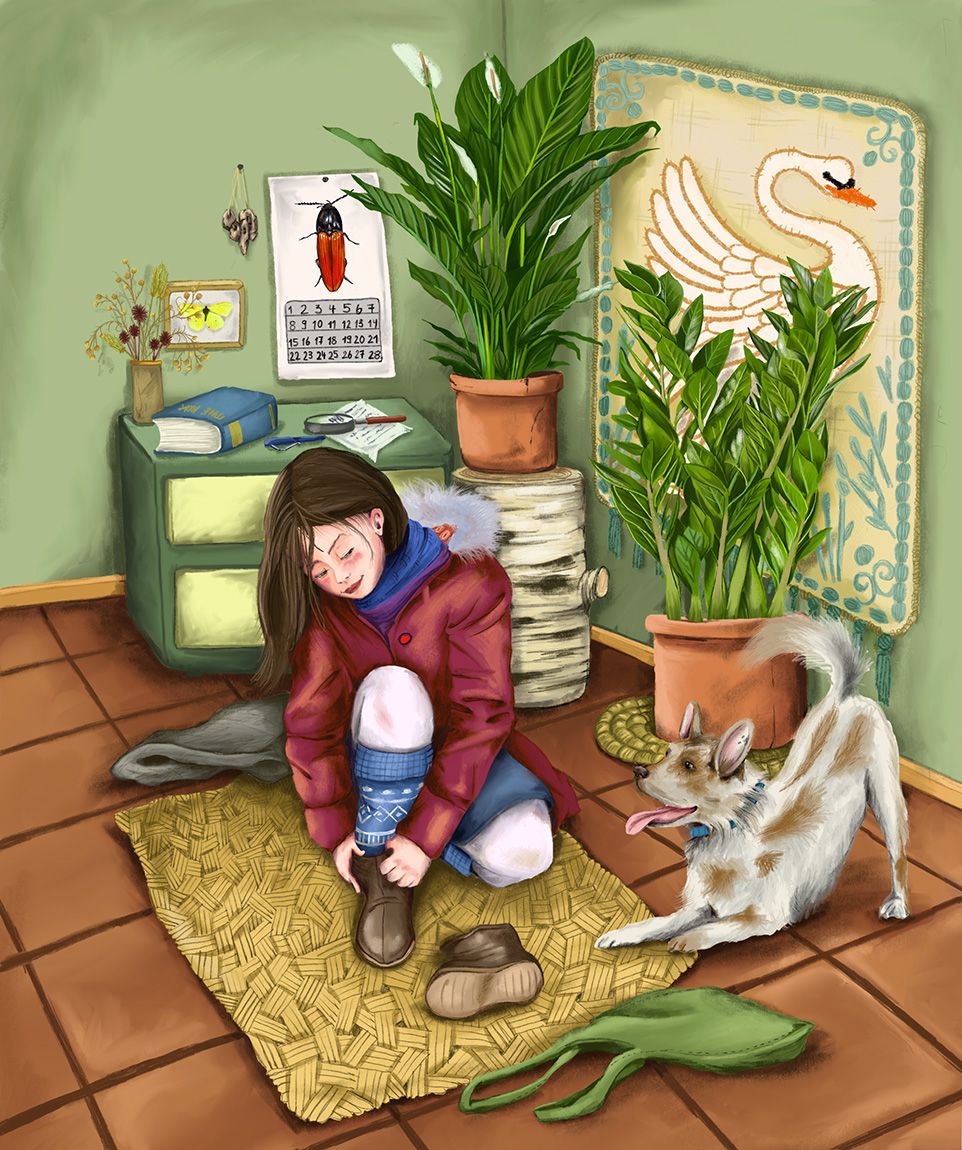 Ein Mädchen zieht sich im Flur Winterschuhe an, ein Hund bellt freudig. Im HIntergrund Zimmerpflanzen, ein Wandteppich und Käferkalender