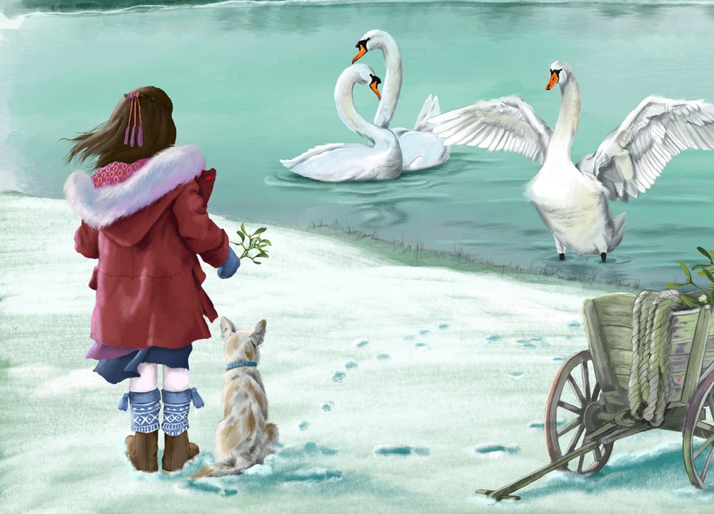 Mädchen steht in einer Winterlandschaft vor einem See in dem zwei Schwäne sind. Neben ihr ein Hund und ein Holzkarren mit Mistelzweigen.